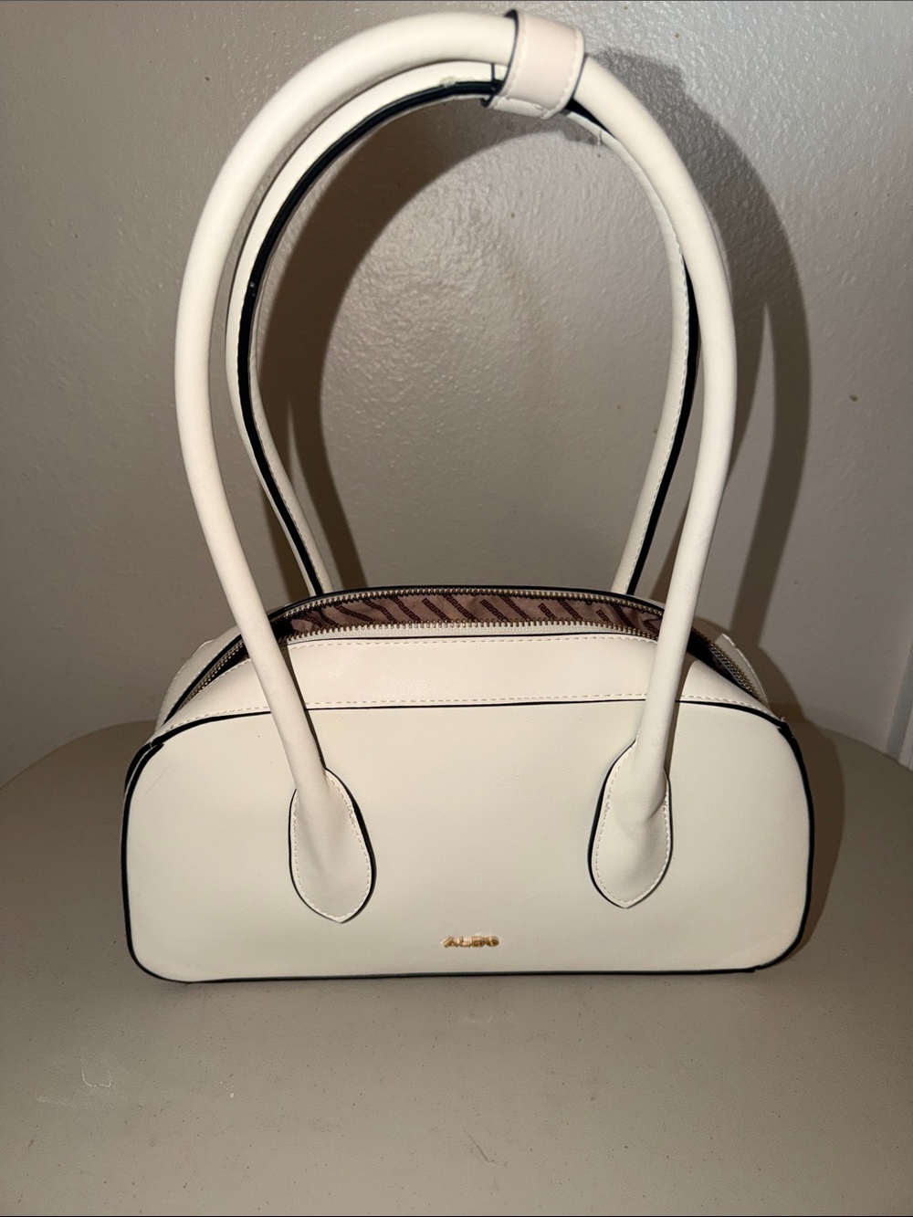 Aldo Cream Dome-Top Leather Shoulder Bag with Gold Logo
